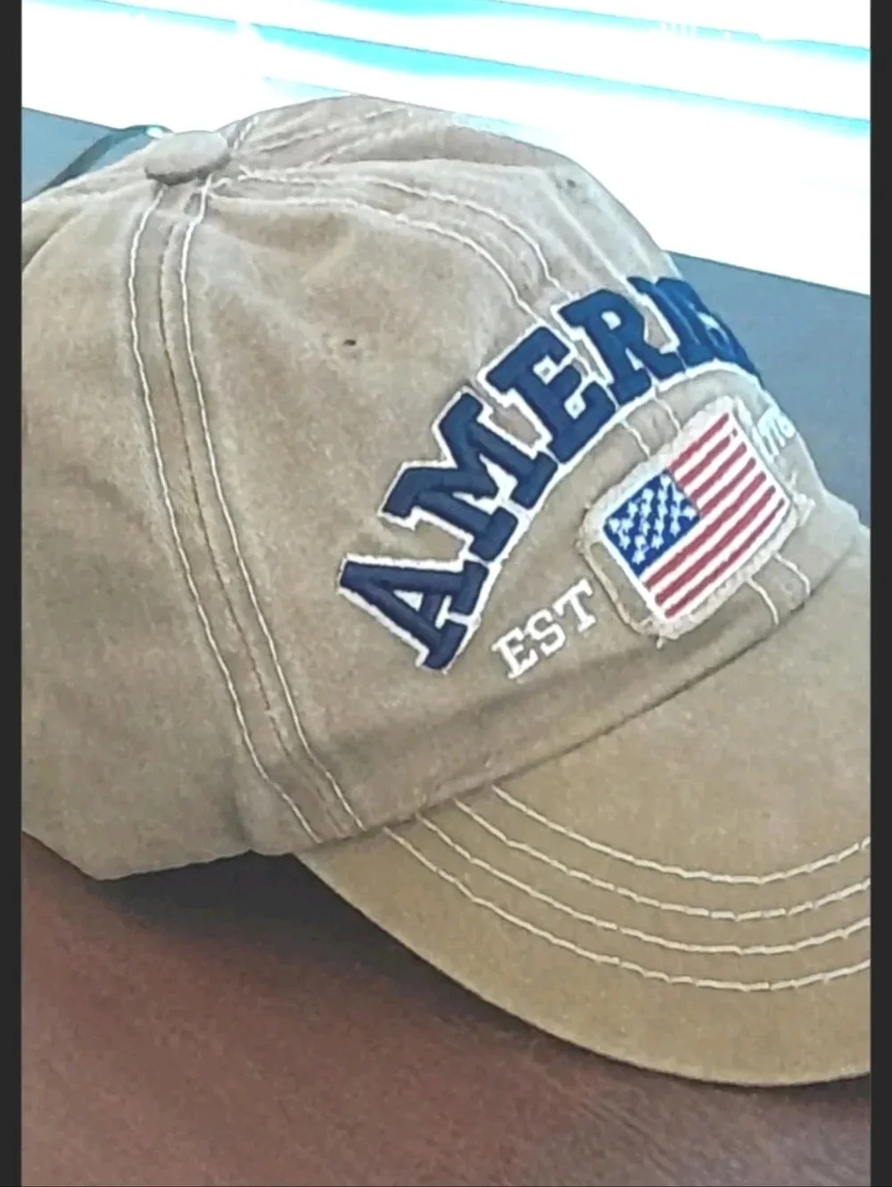 Khaki Baseball Cap with 'AMERICA' & Flag Embroidery